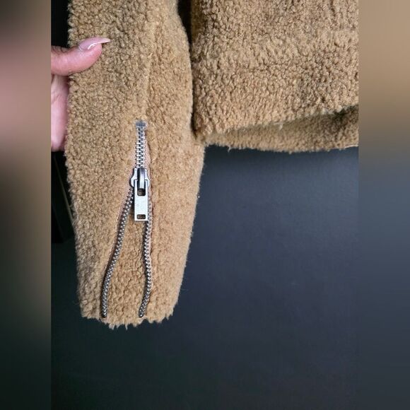Zara FAUX FUR Sherpa BIKER JACKET TEDDY CAMEL Tan Crop Sz L Moto - Picture 10 of 12